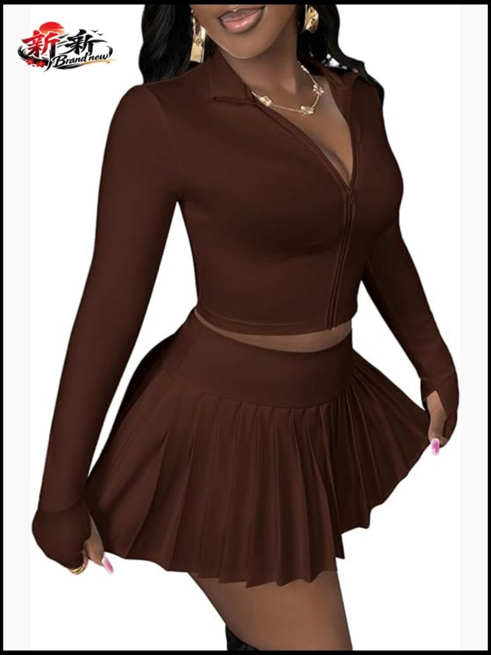 2 Piece Skirt Set Long Sleeve Crop Top Pleated Mini Skirt Party Outfit